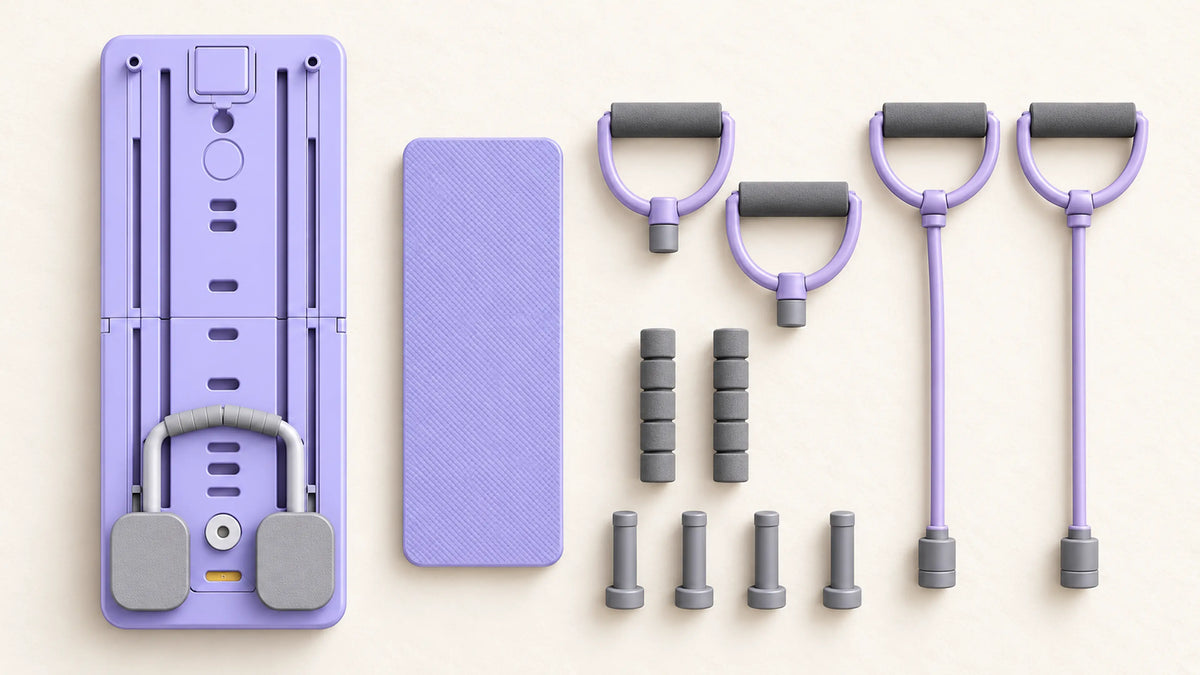 Planche Pilates ÉLANE et ses accessoires disposés à plat