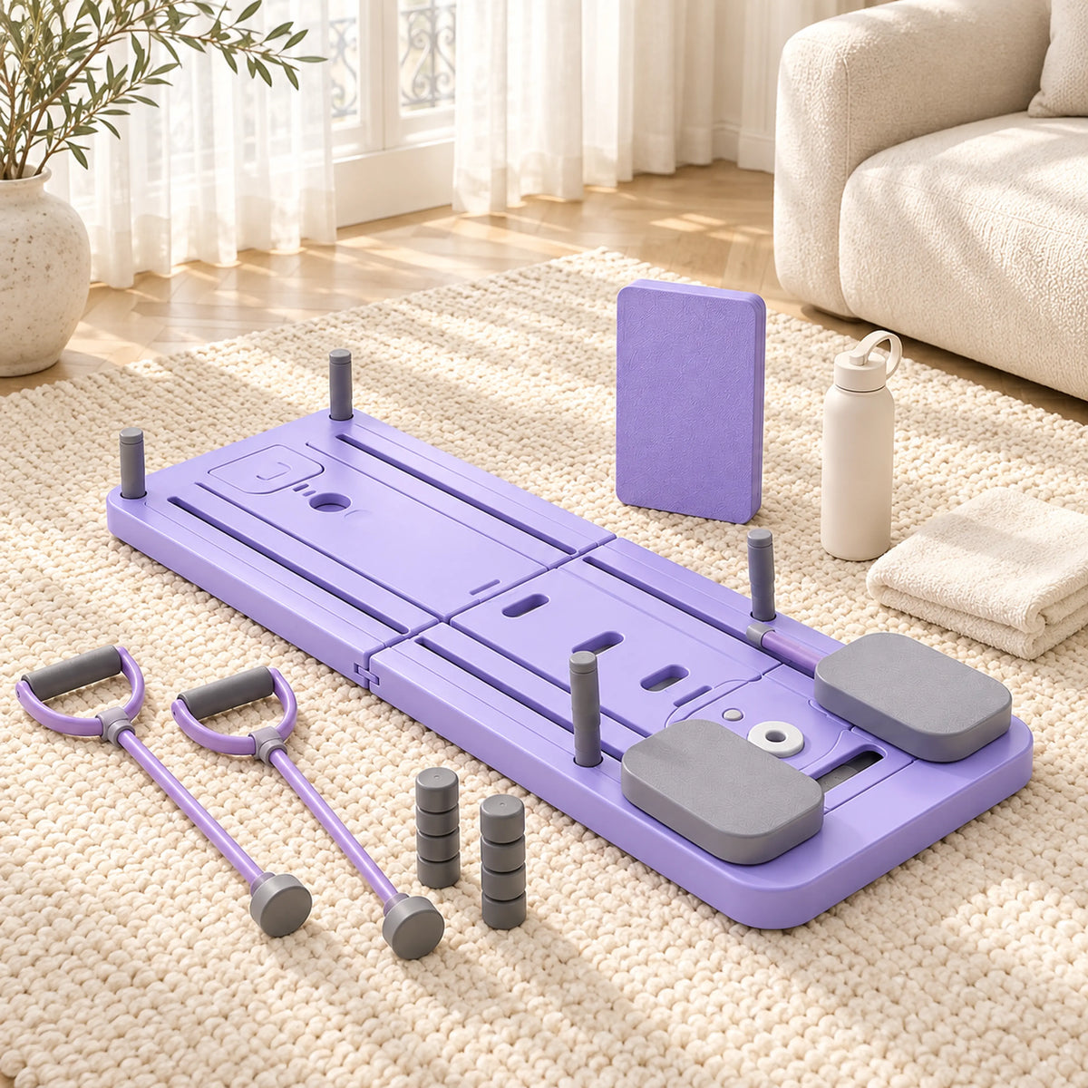 Planche Pilates ÉLANE avec gourde dans un salon